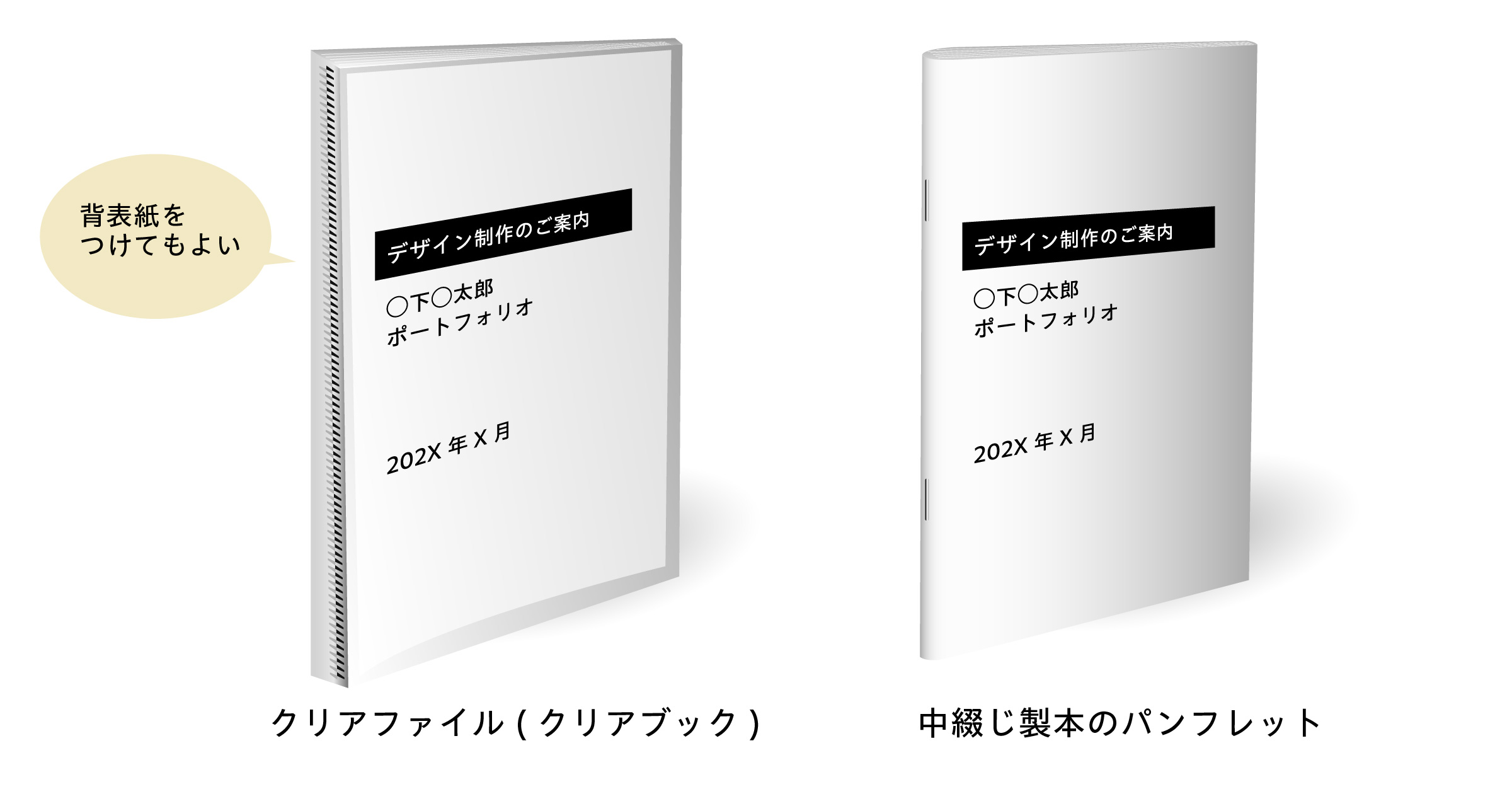 クリアファイル (クリアブック)、または中綴じ製本のパンフレット